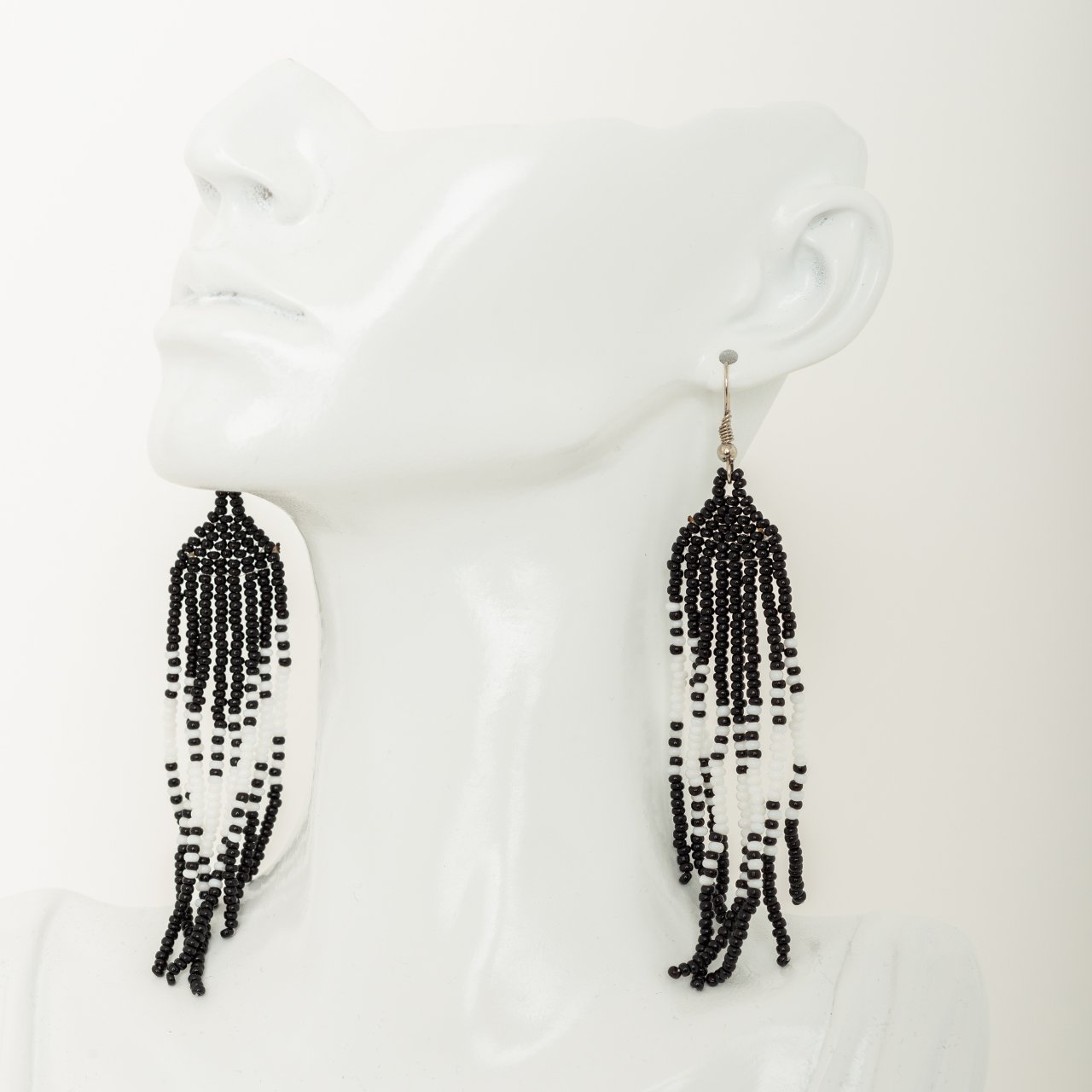 Black and White Bead Fringe Earrings