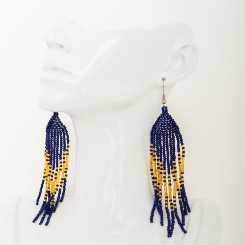 Blue and Gold Bead Fringe Earrings