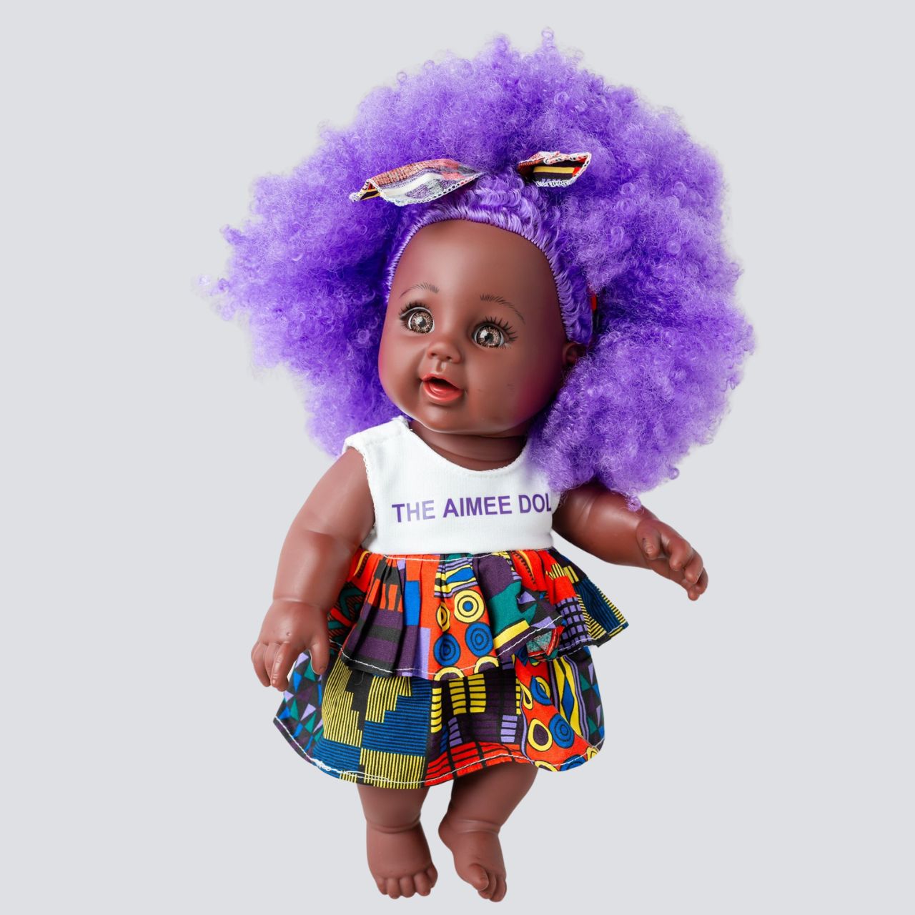 The Aimee Doll in Purple Afro Hair Branded Dress - Dark Skin