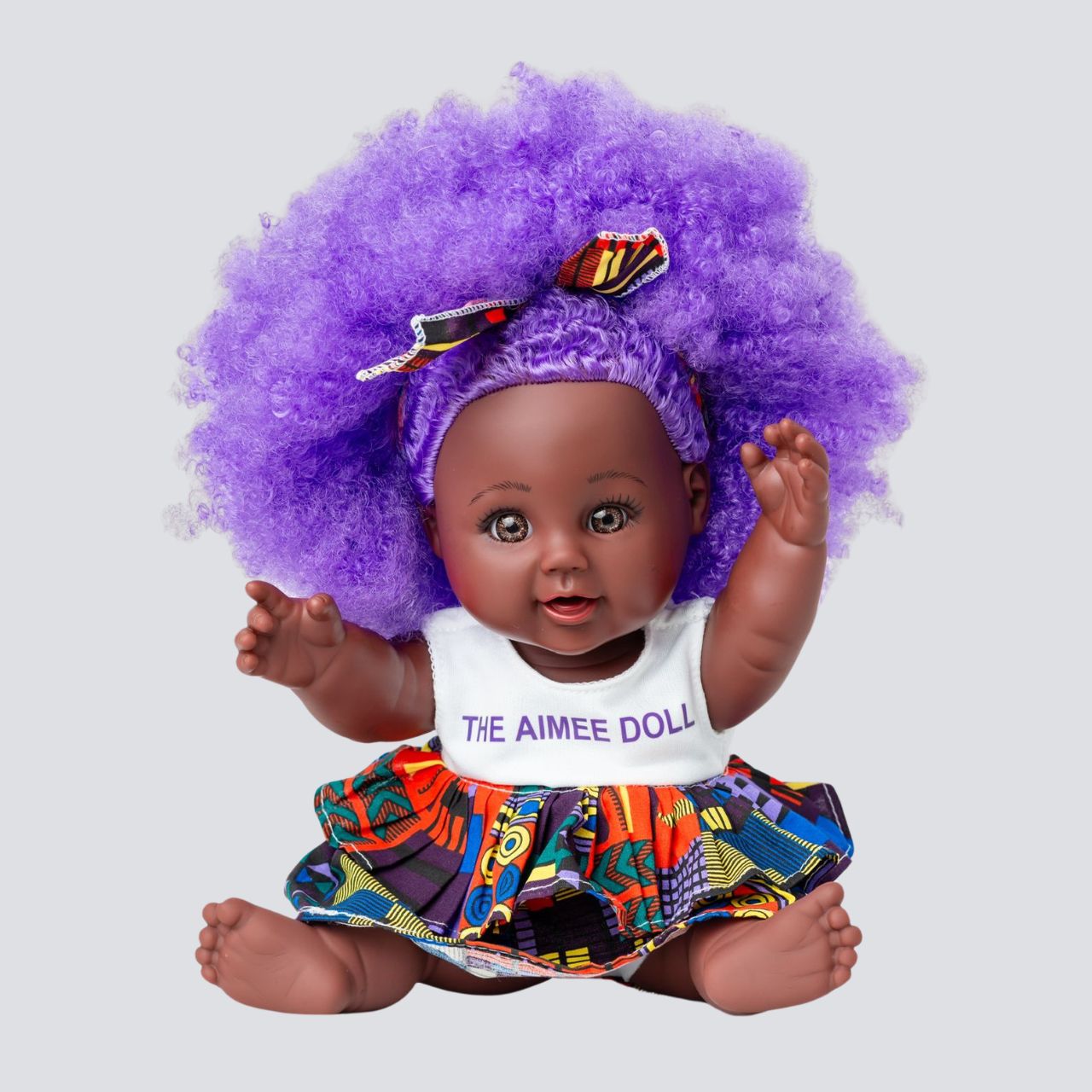 The Aimee Doll in Purple Afro Hair Branded Dress - Dark Skin