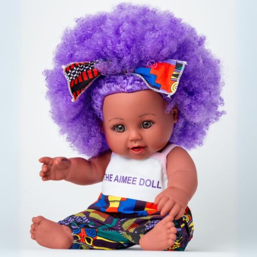 The Aimee Doll in Purple Afro Hair and Branded Jumpsuit - Light Brown