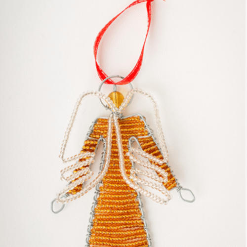 gold beaded angel ornament handmade by maasai artisans
