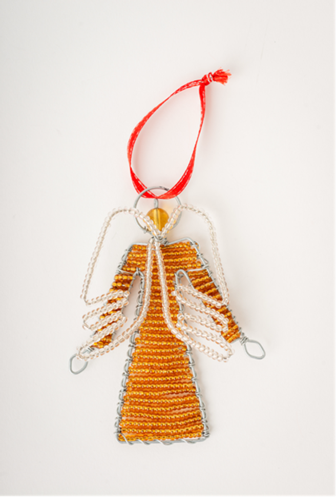 gold beaded angel ornament handmade by maasai artisans