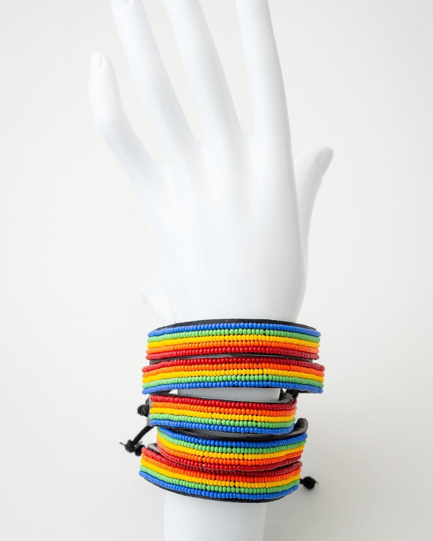 Rainbow Glass Bead Bracelets: (leather) - Stacked - Image 1