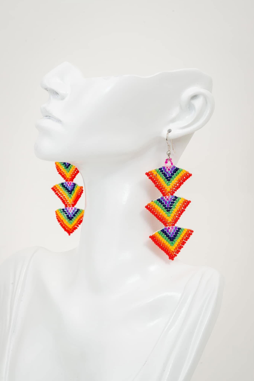 Rainbow Beaded Chevron Drop Earrings - Image 1